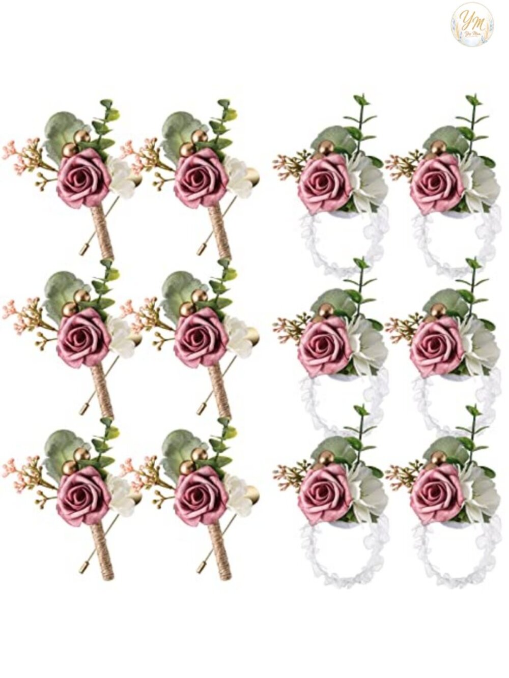 12 Pc Wrist Corsage and Boutonniere Set PE Faux Rose Wedding Prom